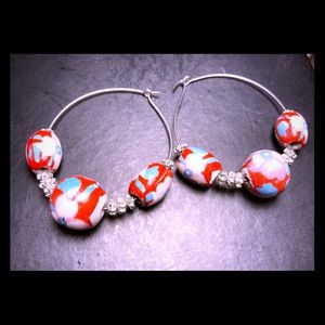 3 for $12- Hoop earrings w/ceramic Red/white floral beads